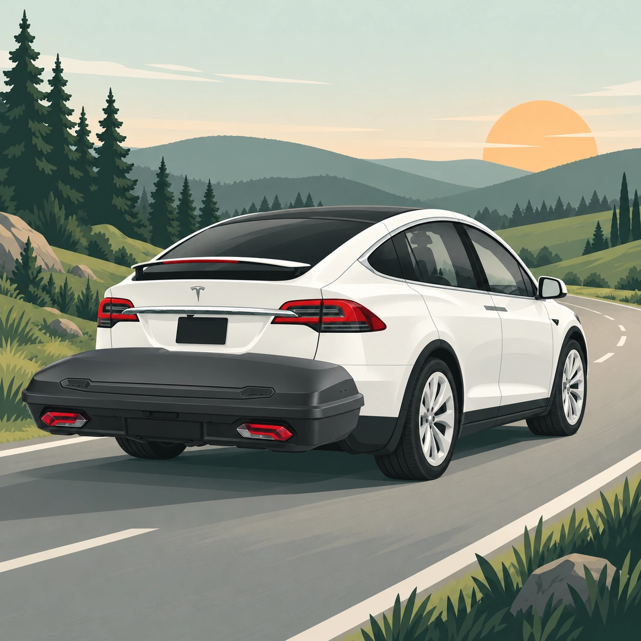 Illustratie van een witte Tesla Model X met een Thule Arcos XL op de trekhaak